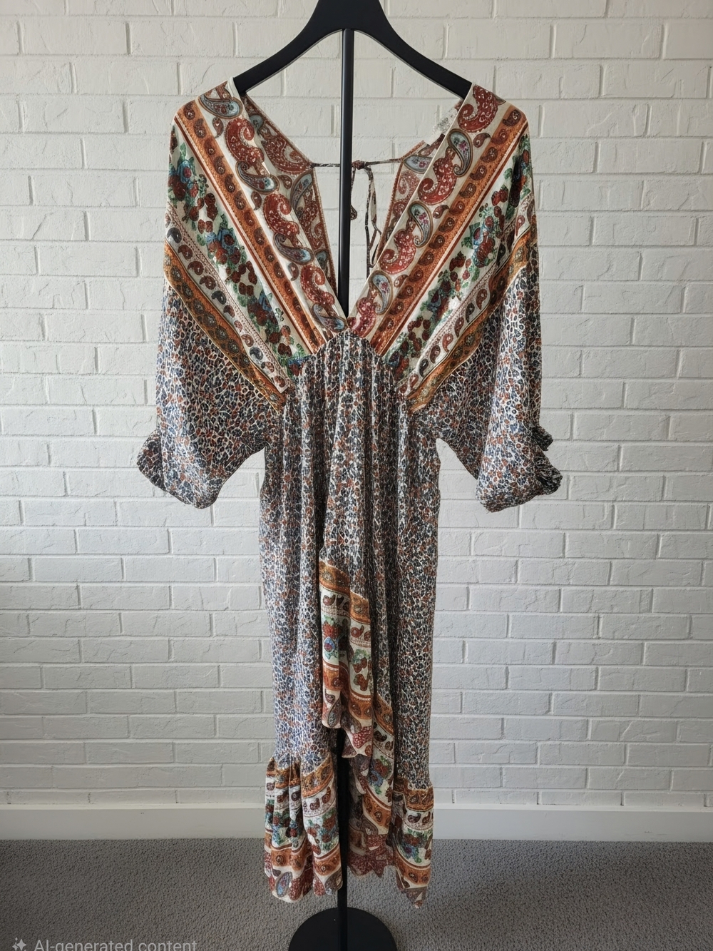 Umgee Multi‑Print Boho Maxi Dress in Rust, Cream & Teal